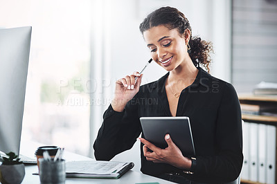 Buy stock photo Thinking, ideas and woman at desk, tablet and writing with feedback, computer and review progress. Happy person, employee and consultant with research notes for article, problem solving and planning