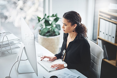 Buy stock photo Corporate, typing and a woman with an email on a computer, research or secretary work. Analytics, desk and a female receptionist with a pc in an office for communication, connectivity and working
