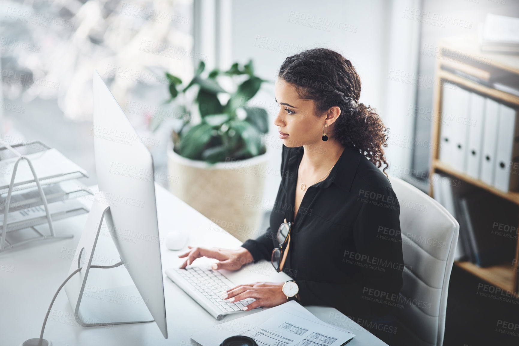 Buy stock photo Corporate, typing and a woman with an email on a computer, research or secretary work. Analytics, desk and a female receptionist with a pc in an office for communication, connectivity and working