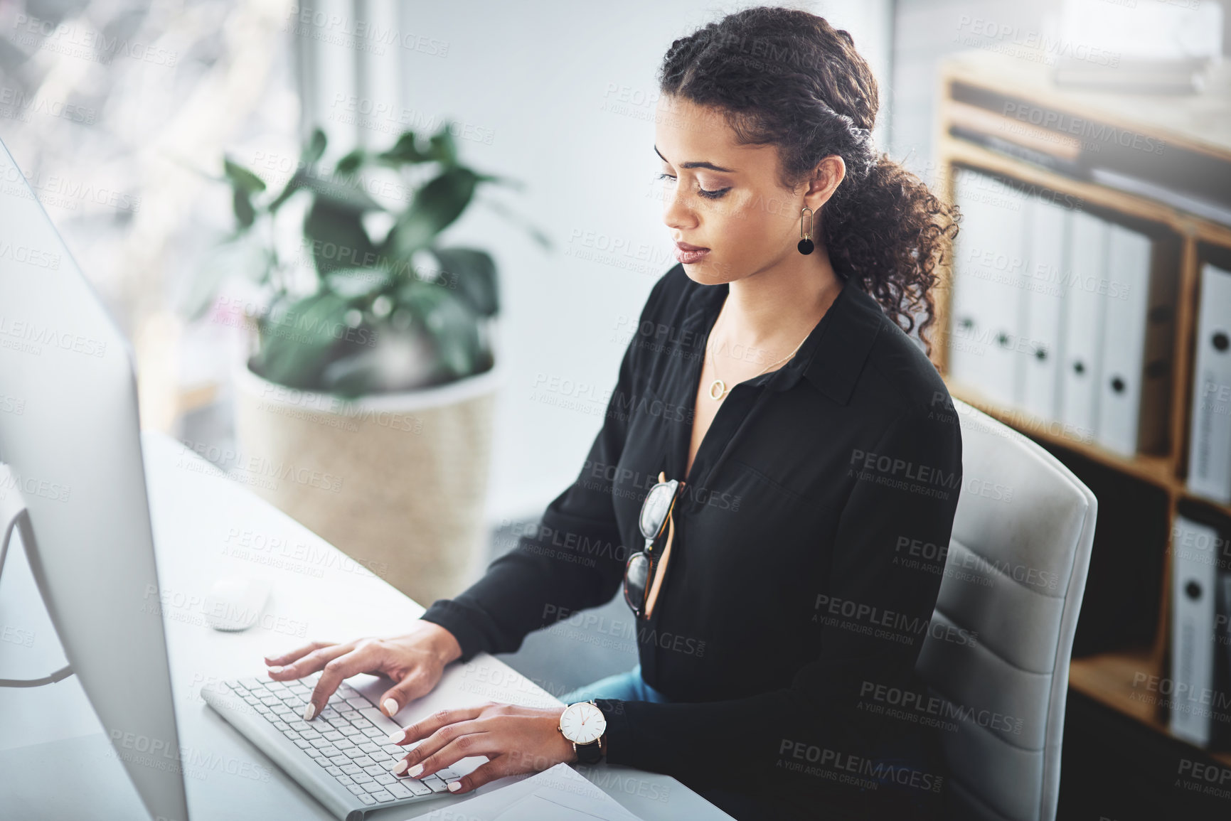 Buy stock photo Business, typing and a woman with an email on a computer, research or secretary work. Analytics, desk and African female receptionist with pc in an office for communication, connectivity and working