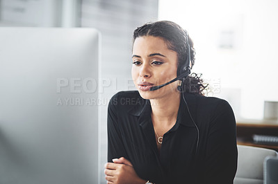 Buy stock photo Webinar, call centre and woman consultant talking online for advice or insurance telemarketing in an office. Contact us, customer support and female sales employee or worker consulting at agency