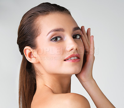 Buy stock photo Beauty, skincare and confident with portrait of woman for cosmetics, natural and attractive. Vitality, glow and fresh treatment with face of model for self care, makeup or radiant on grey background