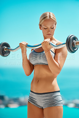 Buy stock photo Fitness, muscle and barbell with woman and outdoor for weightlifting, strong and workout. Arm curl, health and sports with person and bodybuilder exercise at home for training, wellness and athlete