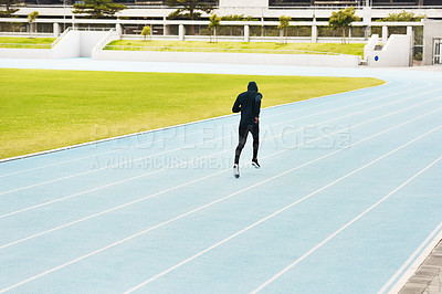 Buy stock photo Back, black man and running on race track for athletics, fitness or competition training in stadium. Runner, exercise and male person for sports performance, endurance challenge or cardio workout