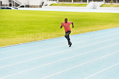 Buy stock photo Fitness, black man and running on race track for athletics, sprint challenge or competition training in stadium. Runner, exercise and male person for performance, endurance or cardio workout