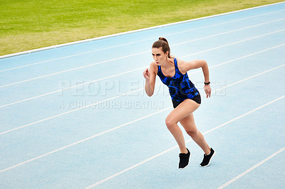 Buy stock photo Woman, running and stadium track for fitness, exercise or workout for cardio training outdoors. Fit, active or sporty female person, runner or athlete in sprinting competition, exercising or race