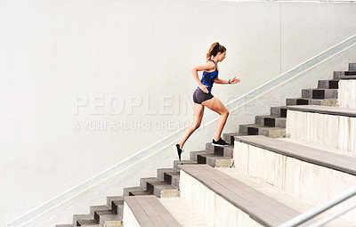 Buy stock photo Female athlete, stairs and cardio for sports, exercise and fit on steps for endurance, physical and activity. Healthy, woman and training in running, wellness and muscles for strong, body and mind