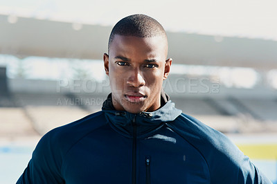 Buy stock photo Portrait, black man and athlete at race track for fitness, wellness or exercise for body health in Kenya. Face, serious person and runner at stadium for sports, workout or training outdoor in Africa
