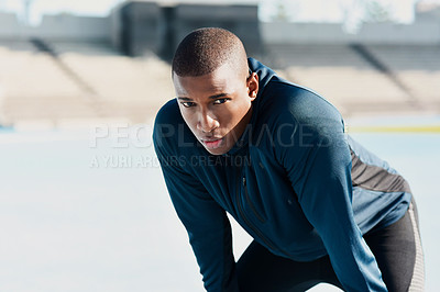 Buy stock photo Portrait, black man and tired athlete outdoor for fitness, wellness or exercise for body health in Kenya. Serious, runner or rest with fatigue for sports at stadium, workout or mockup at race track