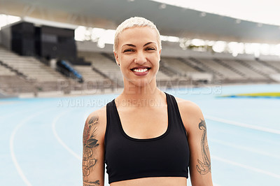 Buy stock photo Woman, portrait and athlete with smile on track field for health, wellness and running. Female runner, happy and workout with confidence for training, exercise and fitness with future athletic event