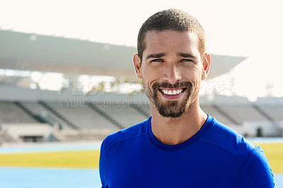 Buy stock photo Portrait, happy man and runner at stadium for sport, wellness or exercise for body health in Australia. Face, smile and athlete at race track for fitness, workout or young person training outdoor