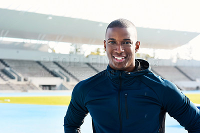 Buy stock photo Portrait, black man and happy athlete at stadium for sport, wellness or exercise for body health in Kenya. Face, smile and African runner at race track for fitness, workout or person training outdoor