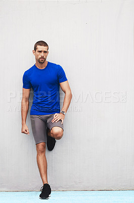 Buy stock photo Athlete, fitness and portrait on wall for sport, wellness and game challenge for workout and exercise. Young person, sportsman or player and confident for athletic goal or  training in skill outdoor