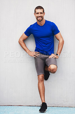 Buy stock photo Athlete, smile and portrait on track for fitness, sport and  wellness for game challenge, workout and exercise. Young person, sportsman or player and confident for athletic goal or training outdoor

