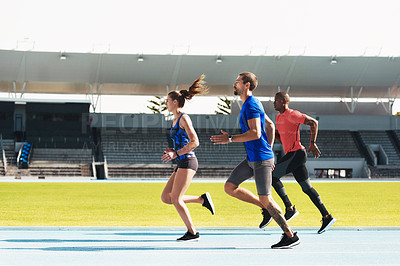 Buy stock photo Group, athletes or running on track with diversity for long distance, fitness or exercise and training. Team, stadium or people or together for race or marathon, sport or workout with goal for podium