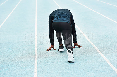 Buy stock photo Running, fitness and person on track for race, challenge and competition for field event in stadium. Sports, health and back of runner at start for exercise, workout and sprint for marathon training