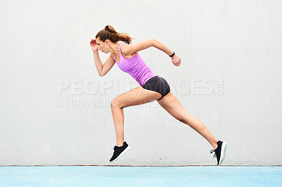 Buy stock photo Woman, fitness and running on mockup for exercise, cardio training or healthy workout outdoors. Fit, active and sporty female person or runner exercising for health and wellness on mock up space