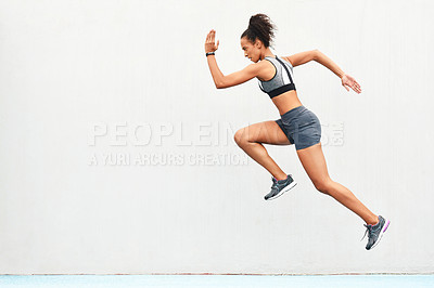 Buy stock photo Woman, fitness and running on mockup for sports in cardio training, workout or healthy exercise. Fit, active or sporty female person or runner exercising for health and wellness on wall mock up space
