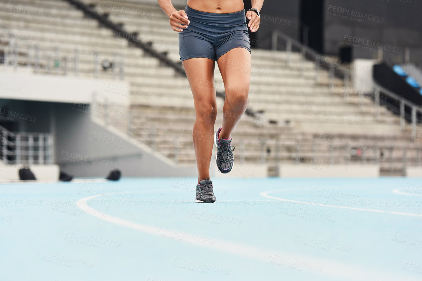 Buy stock photo Runner, fitness and legs of woman track for athlete, exercise and sports for competition. Race, stadium and shoes for cardio event for professional female person, workout and sprint for run training