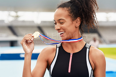 Buy stock photo Black woman, athlete and smile with medal at stadium as champion for competition or game in Brazil. Victory, winner and happy with prize or award for success, achievement and reward for sport career
