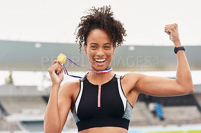 Buy stock photo Black woman, athlete and success with medal at stadium as champion for competition or game in Brazil. Portrait, winner and smile with award prize for victory, achievement and happy for sport career