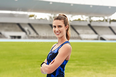 Buy stock photo Arms crossed, fitness and portrait of sports woman in stadium or competition, performance or training. Exercise, health and workout with confident athlete or runner at event venue for start of race