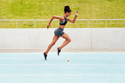 Buy stock photo Woman, cardio and running on track in training, physical exercise or workout on stadium. Active, fit or sporty female person, athlete or runner in sports run, race or competition for healthy wellness