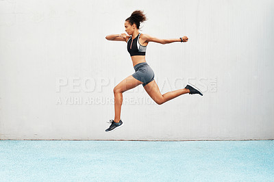 Buy stock photo Woman, fitness and running on mockup in exercise, cardio training or workout outdoors. Fit, active or sport female person or runner in sports motivation, run or healthy wellness on wall mock up space