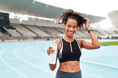 Buy stock photo Fitness, running and portrait of happy woman with water at stadium, relax at marathon training or exercise. Workout, health and body, female sports runner at arena track with smile and bottle.