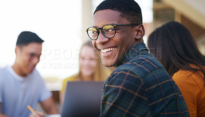 Buy stock photo Portrait of a cheerful young student smiling brightly while waiting to go to class outside of a school during the day