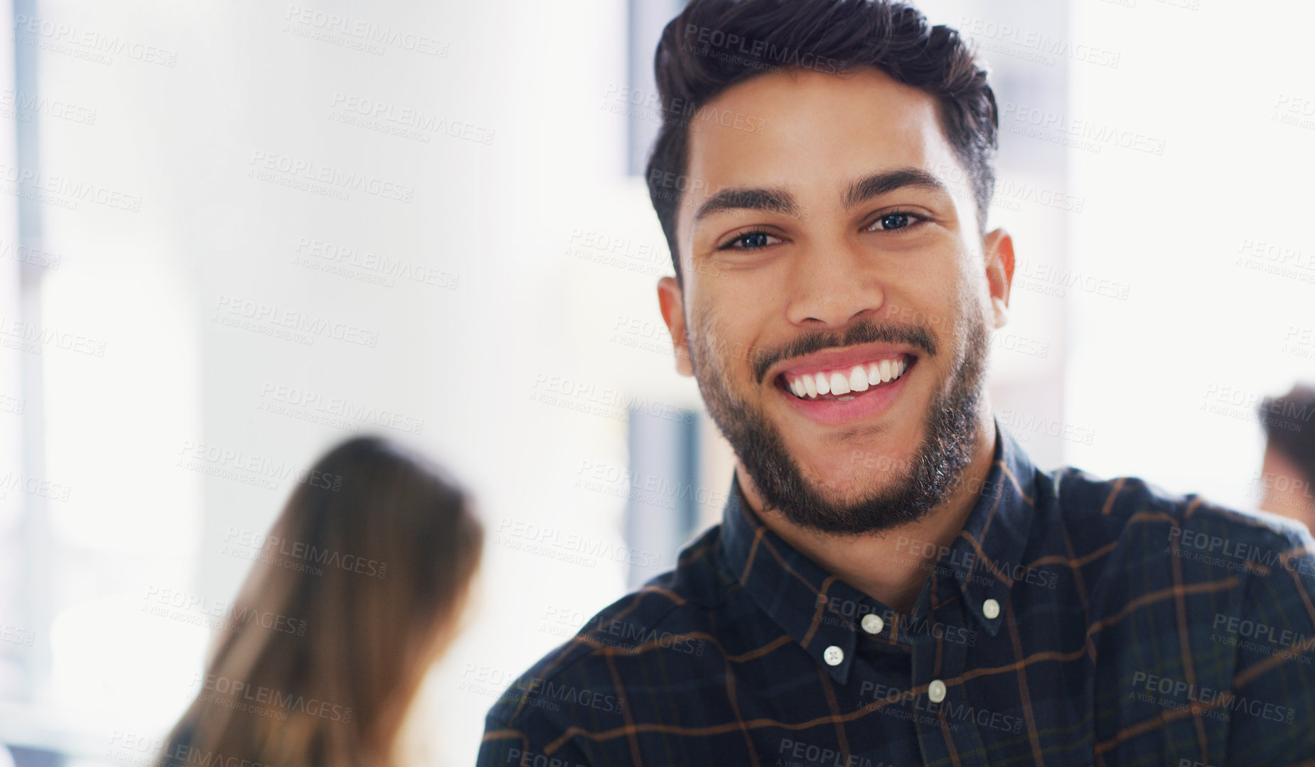 Buy stock photo Happy, space and portrait of businessman in office with confidence for finance career. Smile, job opportunity and male financial manager with pride for company about us at workplace in Brazil.