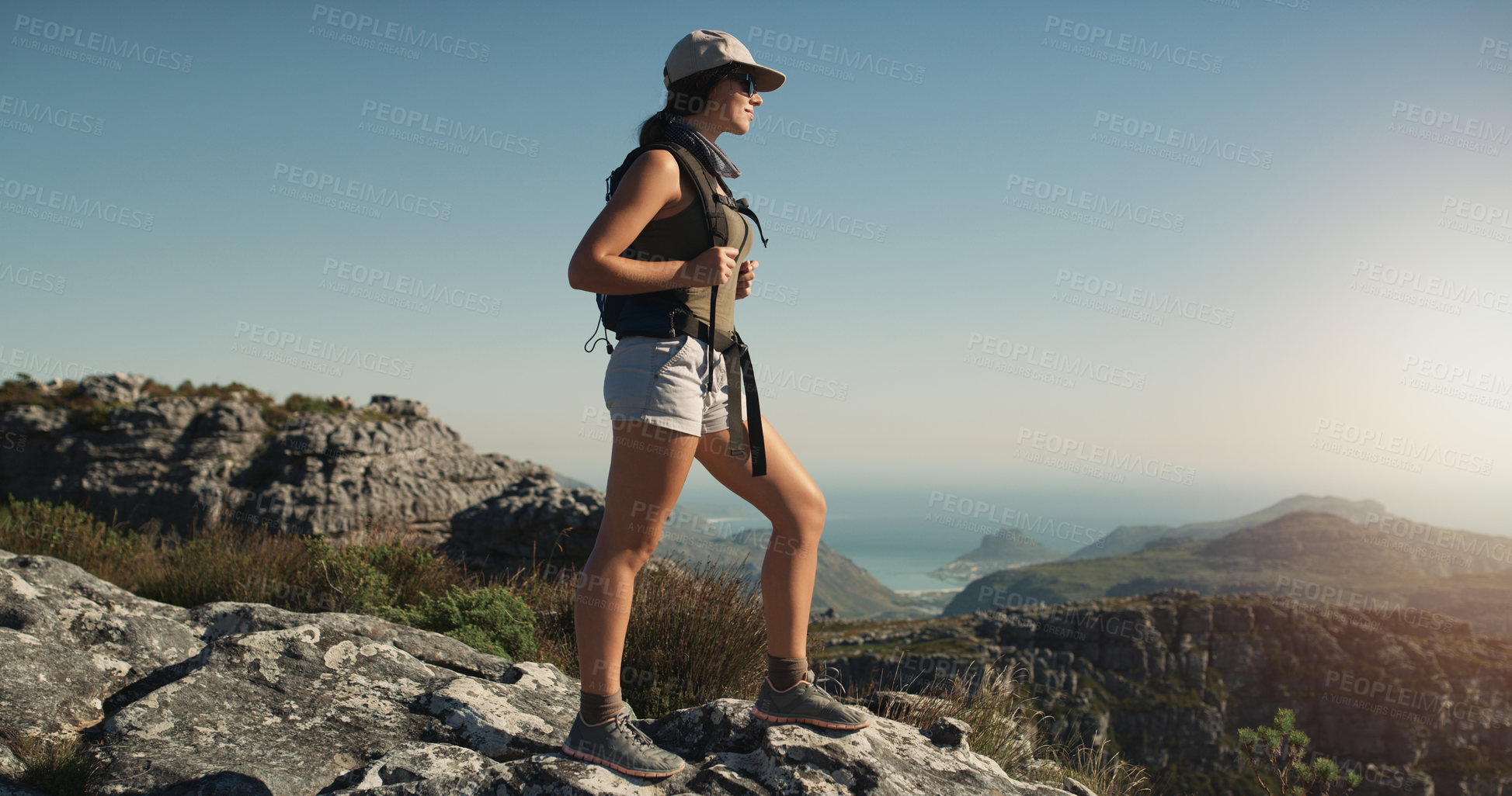 Buy stock photo Travel, woman or hiking with view on mountain for holiday adventure, nature appreciation and scenery. Space, person and sightseeing on cliff for trekking destination, backpacking hobby and sunshine
