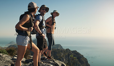 Buy stock photo Mountain, hiking and friends on cliff outdoor of fitness travel, adventure view and backpack journey. People, backpacking and trekking together for cardio exercise, rock climbing and health in summer