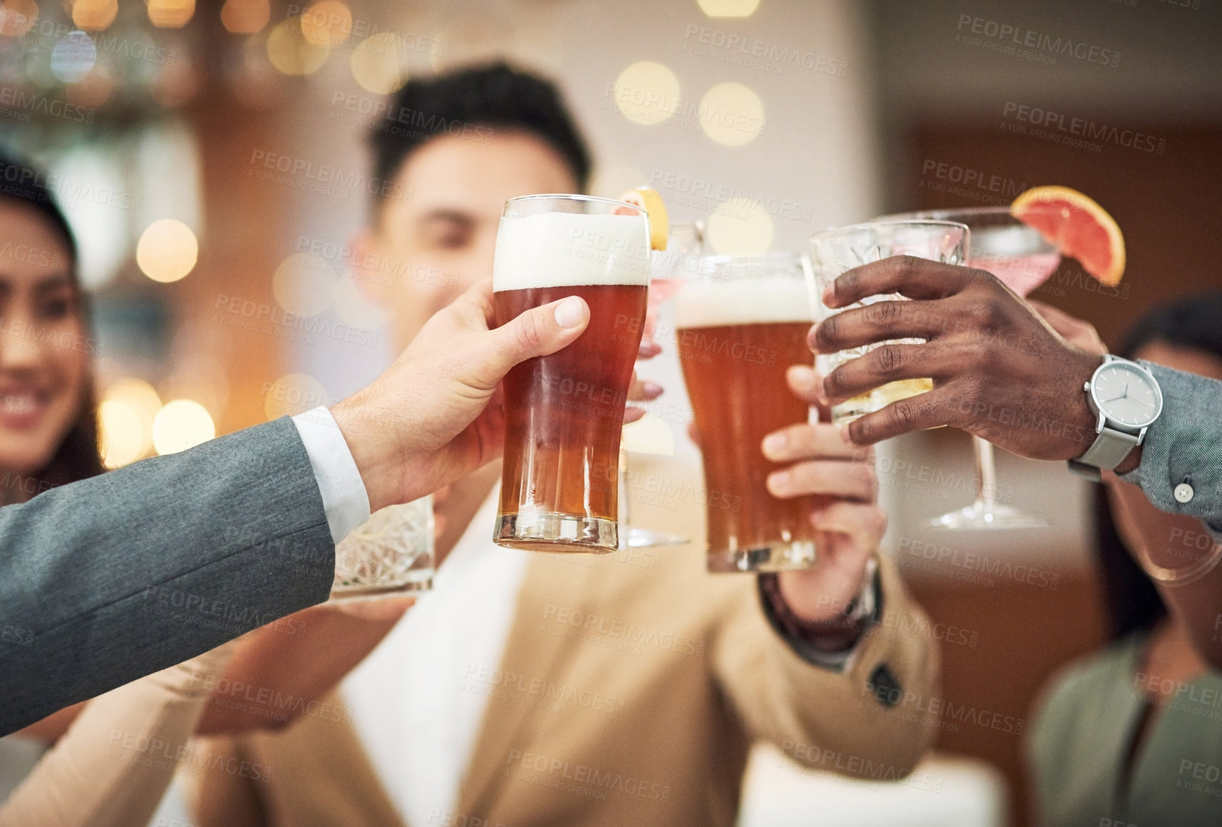 Buy stock photo Happy, celebration and friends toast with alcohol beer, cocktail or glass drinks for fun friendship reunion. Social party event, restaurant and excited group of people celebrate and cheers at a bar