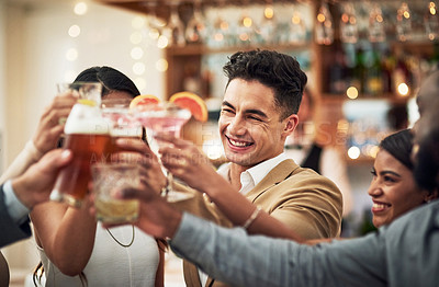Buy stock photo Friends, cheers and diversity in celebration in restaurant, party and happiness together for valentines day. Love, friendship and toast, happy hour social event, people smile at pub for drinks date.