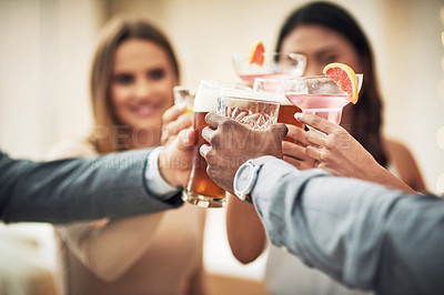 Buy stock photo Happy celebration, alcohol and friends toast with beer, cocktail or glass drinks for fun friendship reunion. Social party event, restaurant and excited group of people celebrate, smile and cheers 
