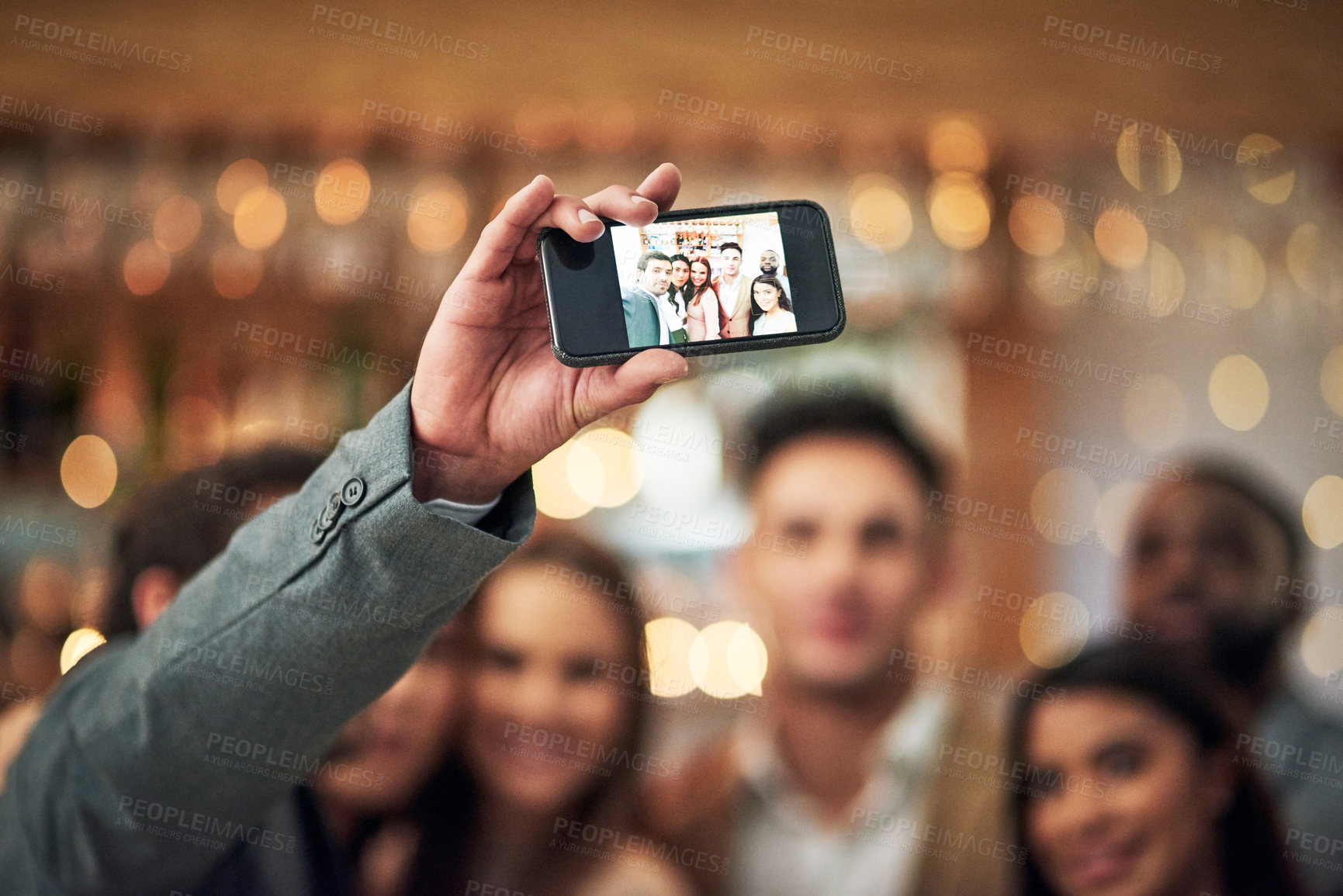 Buy stock photo Selfie, event or party group of people in restaurant for happy night celebration, mobile influencer and bokeh lights. Profile picture, hand holding and smartphone screen of friends for social media