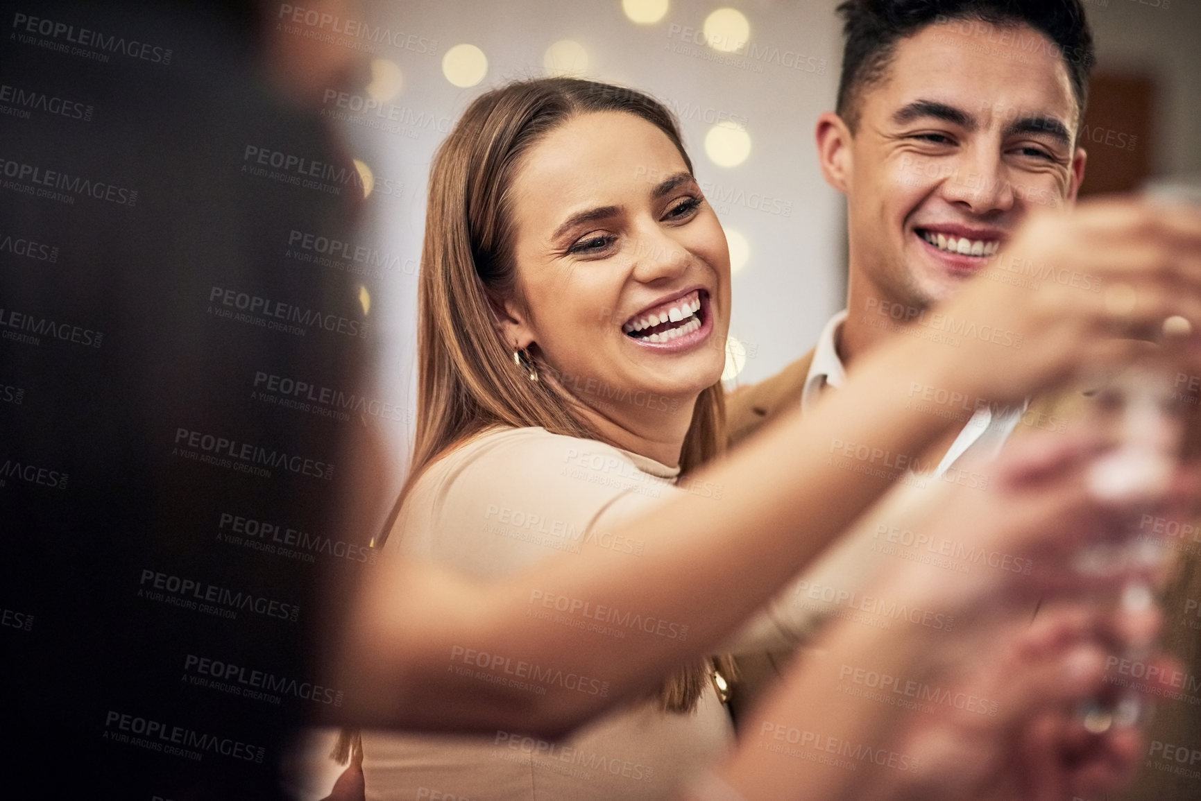 Buy stock photo Couple, friends, cheers and celebration at restaurant party and happiness together for valentines day. Love, friendship and champagne toast, happy hour social event, people smile at pub drinks date.