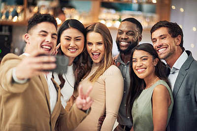 Buy stock photo Selfie, party and crowd with friends in celebration of the new year together at an event for fun. Photograph, social media and nightlife with a man and woman friend group at a birthday or social