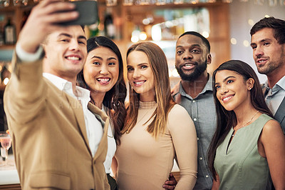 Buy stock photo Selfie, dinner party and group of people in restaurant for luxury, formal event and celebration. Profile picture, happy women or friends for valentines update or post on social media in diversity