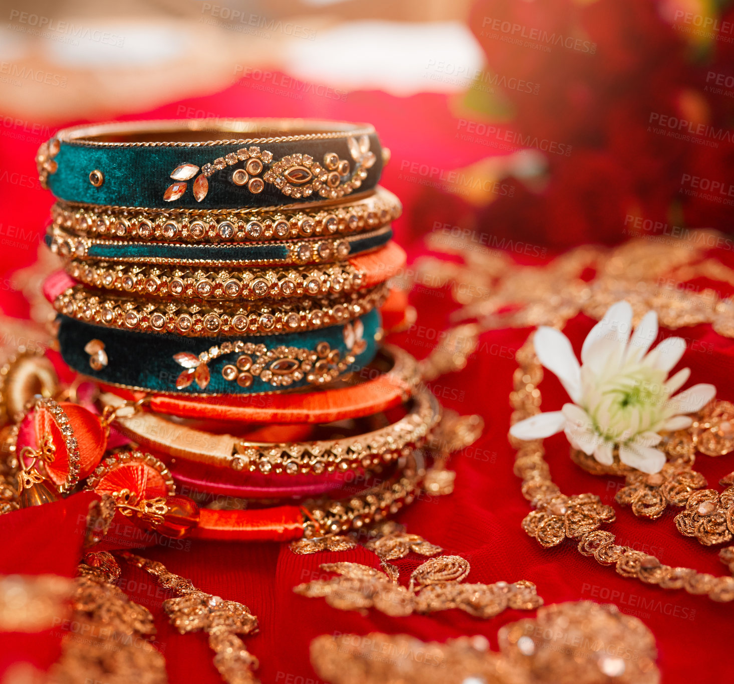 Buy stock photo Indian, culture and jewelry for wedding, bracelets and ornament for getting ready for celebration. Bride, aesthetic and traditional accessories for fashion, bangles and preparation for designer style