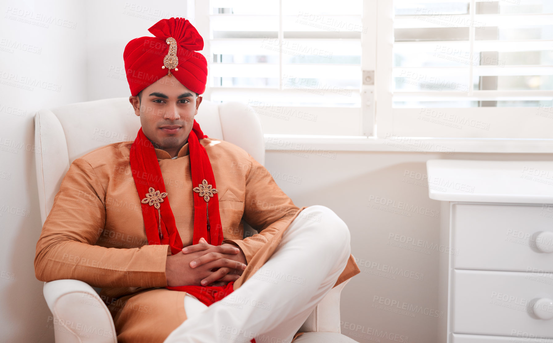 Buy stock photo Indian, wedding and portrait of man with fashion for celebration of marriage with luxury turban style. Punjabi, groom and person with pagri, dupatta and scarf for formal event for commitment ceremony