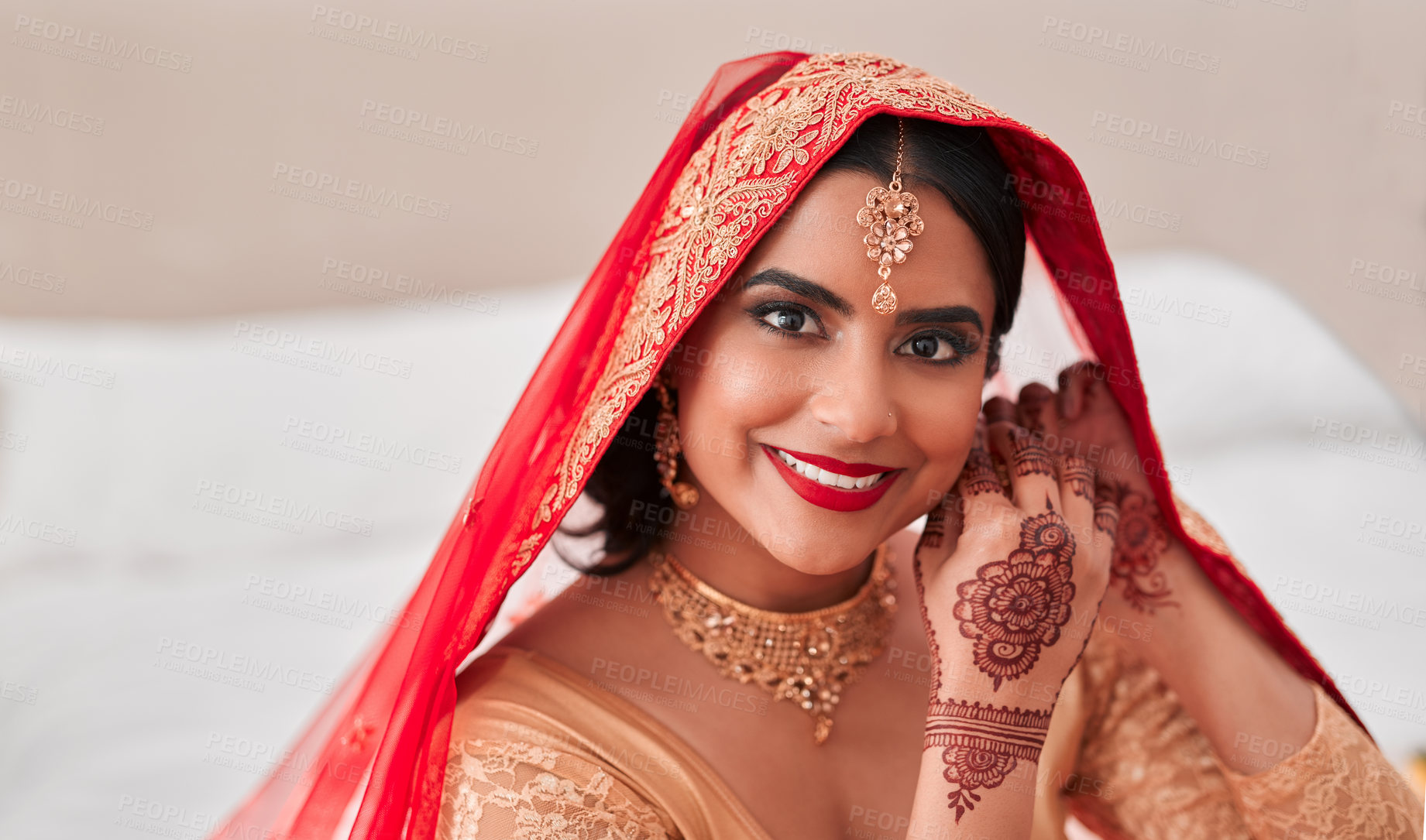 Buy stock photo Portrait, wedding and Indian woman with smile, ceremony and jewelry with happiness, home or fashion. Face, person or girl with beauty, celebration or excited with joy, culture or traditional clothes