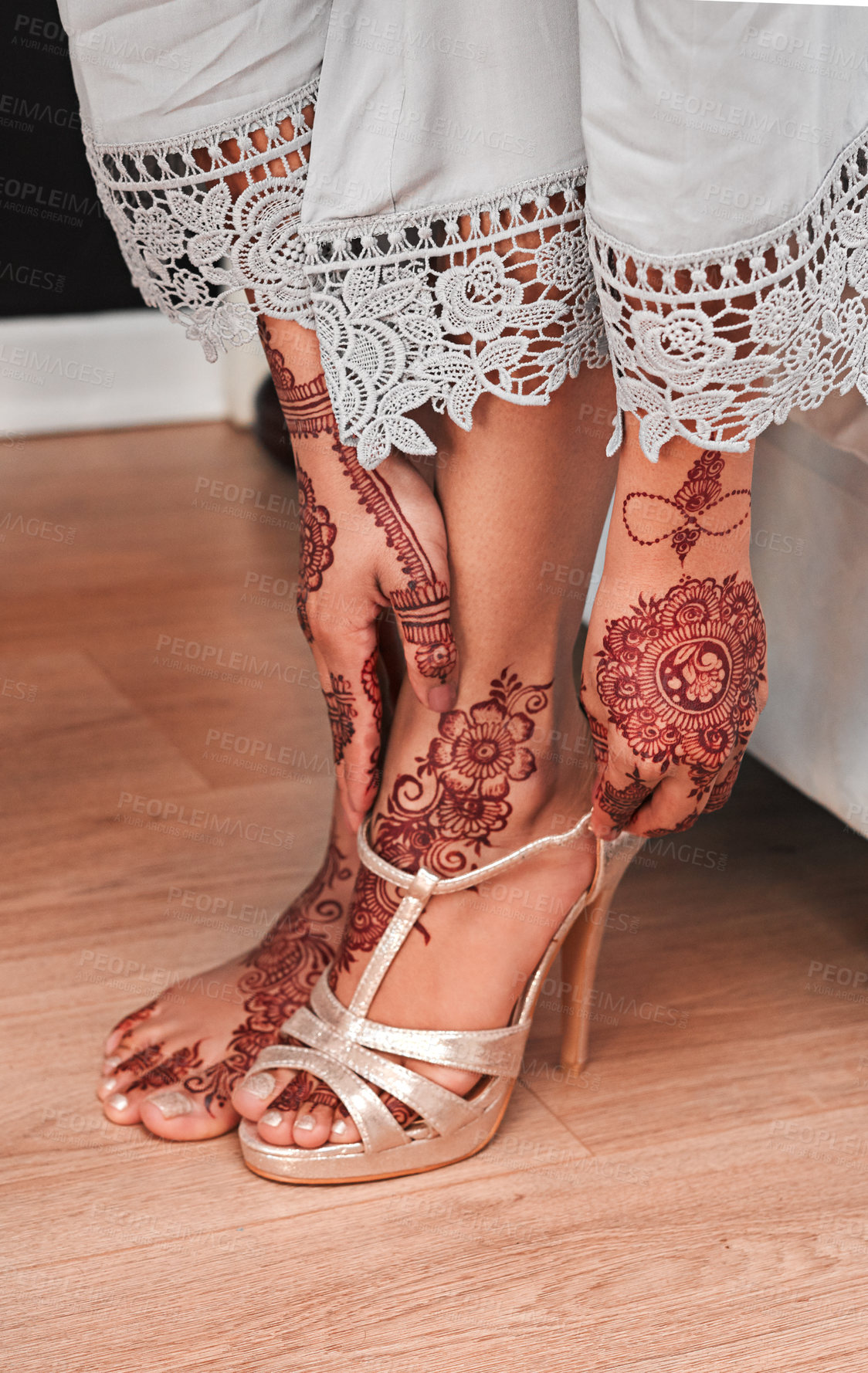 Buy stock photo Feet, henna pattern and shoes for wedding in house with respect for tradition, faith and solidarity. Mehndi, marriage and wife for trust or ritual ceremony with body art design for religion in Dubai