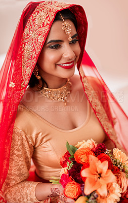 Buy stock photo Indian, bride and woman with happy, flowers and veil on wedding day for celebration, event and marriage. Female person, smile and beauty with jewelry, accessories and bouquet in tradition or luxury