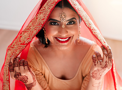 Buy stock photo Indian woman, home and beauty for wedding with portrait, makeup and style inspiration for jewellery. Bride girl, smile and cosmetics for hindu culture with traditional clothes and celebration of love