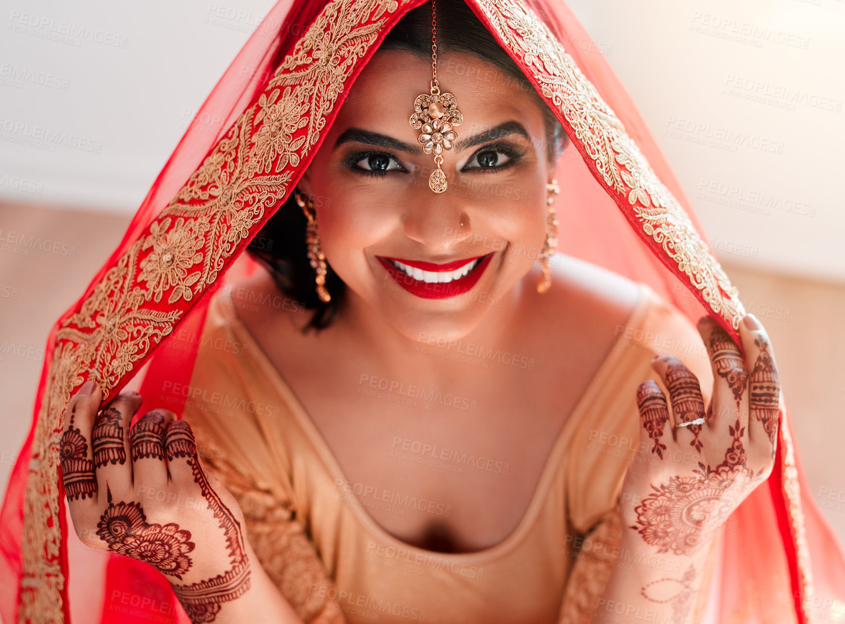 Buy stock photo Indian woman, home and beauty for wedding with portrait, makeup and style inspiration for jewellery. Bride girl, smile and cosmetics for hindu culture with traditional clothes and celebration of love