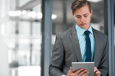 Buy stock photo Businessman, office and corporate with digital tablet for updates, sales or research in workplace. Male professional, online and browsing in business for networking, contact and email or social media