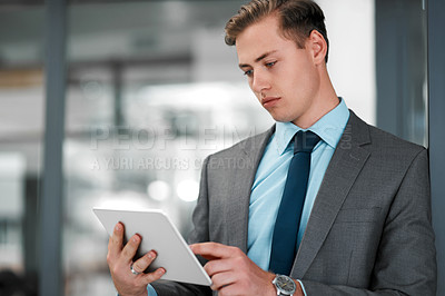 Buy stock photo Businessman, tablet and scroll for communication, email and research in modern office. Trader, technology and stock market company in New York for investment, networking and social media in workplace