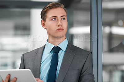 Buy stock photo Businessman, tablet and thinking for investment, email and research in modern office. Trader, technology and stock market company in New York for communication, networking and idea for website 